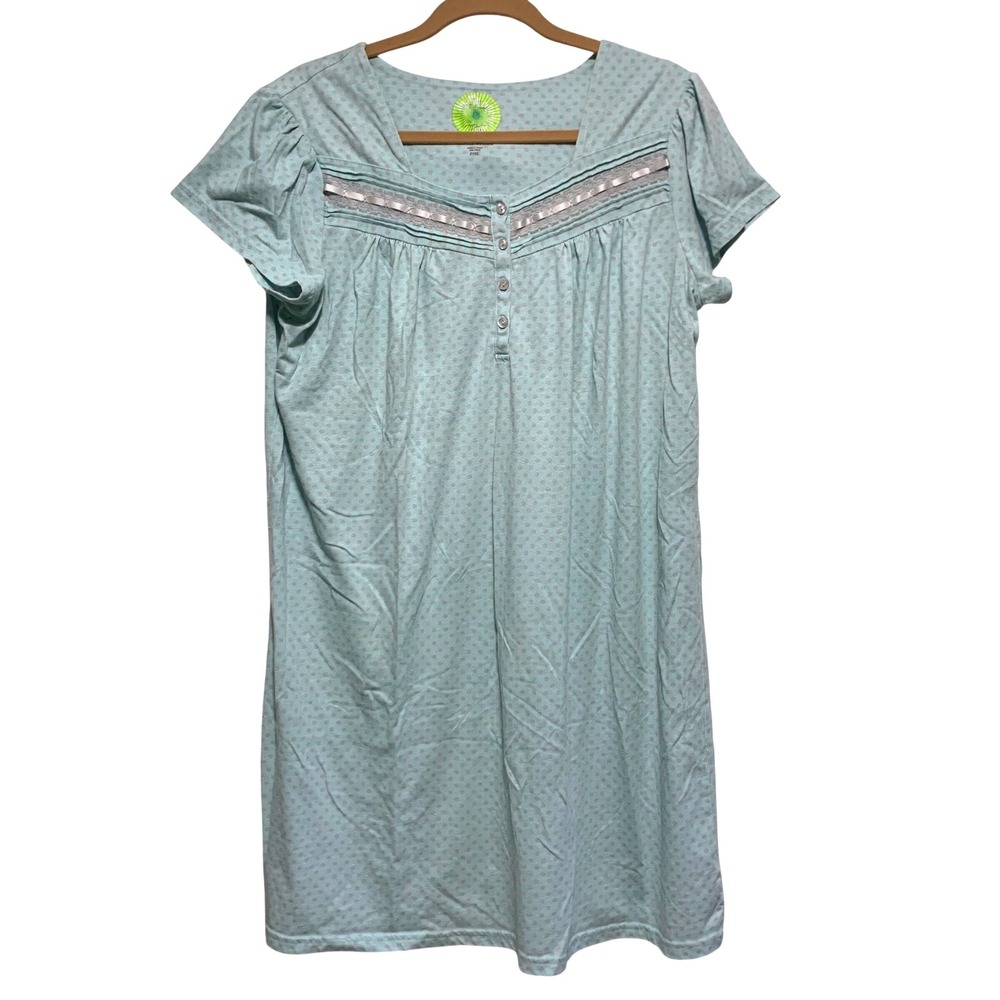 White Orchid Nightgown XL Blue Polka Dot Lace Trim Short Sleeve Sleepwear